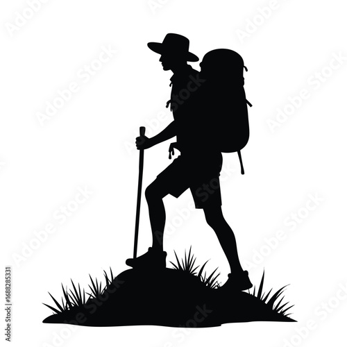 Silhouette of hiker with backpack and walking stick on grassy mound