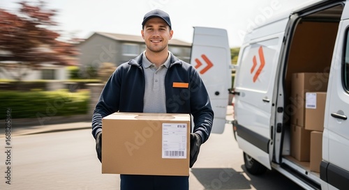 Friendly delivery man smiles holding package near van ready to ship orders quickly and reliably today