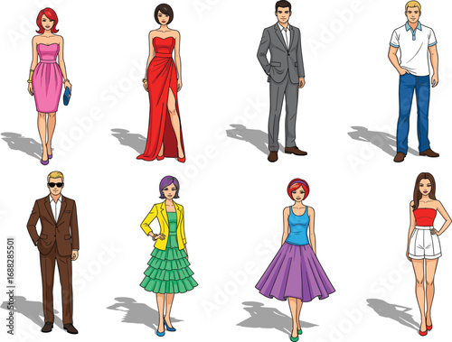 Fashion illustration of stylish men and women in elegant outfits, formal wear, casual clothing, dresses, and trendy modern attire