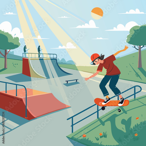 Young Skater Grinding a Rail in a Sunny Skatepark Illustration.