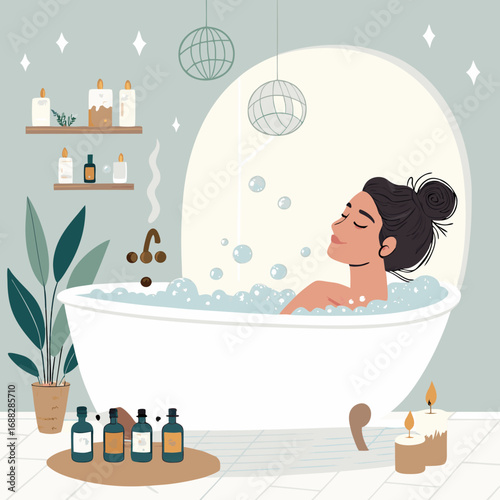 Young woman enjoying a relaxing bubble bath at home.