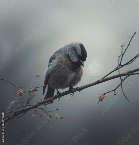 Sad Lonely Bird on Bare Branch Under Gray Sky