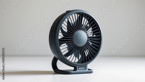 A modern, compact, dark gray fan, presented on a plain white surface, creating a clean, minimalist aesthetic.