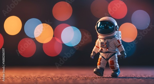 Tiny astronaut toy in a vibrant bokeh backdrop, stepping forward in a dimly lit scene