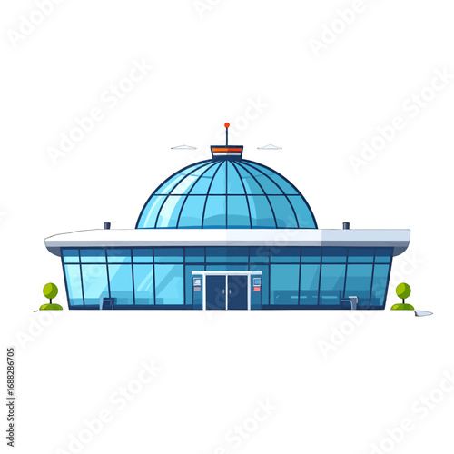Pixelated Modern Building with Blue Glass Dome and White Trim on White Background