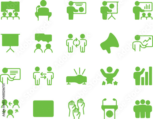 Set of Green Solid Icons for Business and Presentations – Vector Symbols for Meetings and Communication