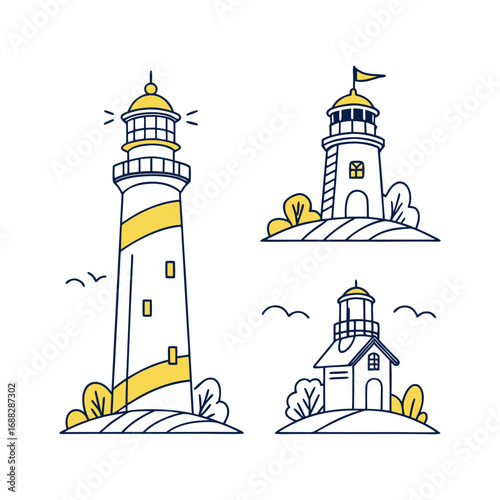 Whimsical lighthouse collection guiding ships to safety and embracing nautical charm in clean line