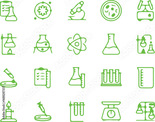 Set of Green Line Icons for Science and Laboratory – Vector Outline Symbols for Research and Chemistry