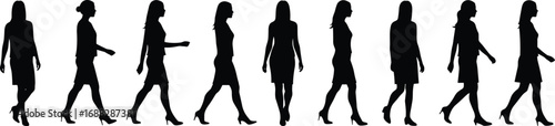 Silhouettes of walking woman in business attire, various walking poses, side view, professional female figure, isolated on white background, office movement concept.