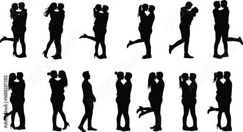 Silhouettes of romantic couples hugging, kissing, standing together, love expressions, intimate moments, affection poses, relationship concept, isolated on white background for design use.