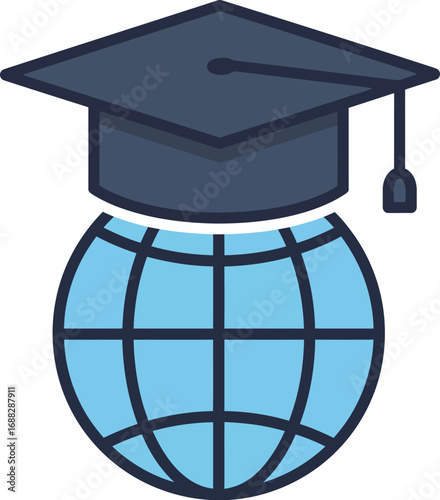 Graduation cap atop a globe; symbolizing global education or international learning.