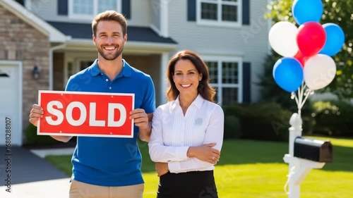 Happy couple celebrating home sale with SOLD sign and balloons in front of their new house