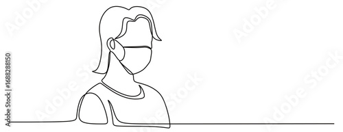 Continuous line art of a woman wearing a mask. Concept of avoiding viruses. Concept of avoiding smoke and dust. Vector illustration