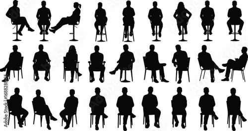 Silhouettes of people sitting on chairs, stool poses, diverse sitting postures, casual and professional, seated figures isolated on white background, business and lifestyle concept.