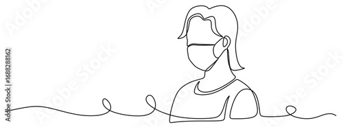 Continuous line art of a woman wearing a mask. Concept of avoiding viruses. Concept of avoiding smoke and dust. Vector illustration