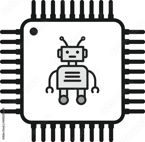 A stylized robot icon, situated within a computer chip graphic, suggesting artificial intelligence or technological advancement.