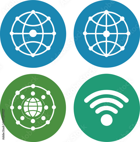 Set of Network Globe and Wi-Fi Icons in Blue and Green Circles – Global Connectivity and Wireless Symbols
