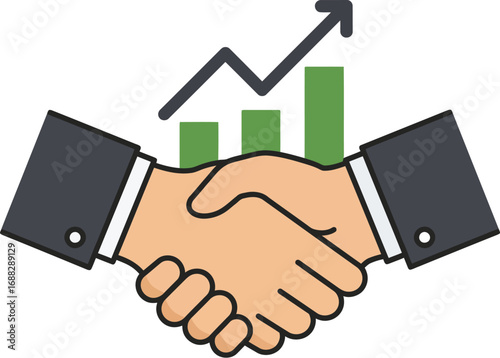 Illustration of two hands shaking, representing a successful business deal with upward growth.