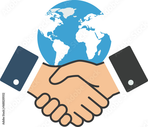 Global partnership symbolized by a handshake encompassing the Earth.