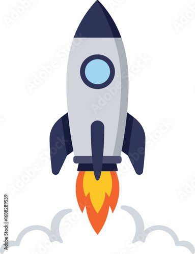 A stylized illustration depicts a rocket ship launching into space, with flames and vapor trails.