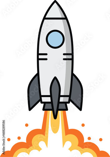 A cartoon rocket launching into space, propelled by fiery exhaust.
