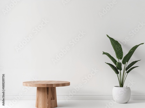 Minimalist Interior Scene with Round Wooden Table and Large Plant, Serene and Simple.
