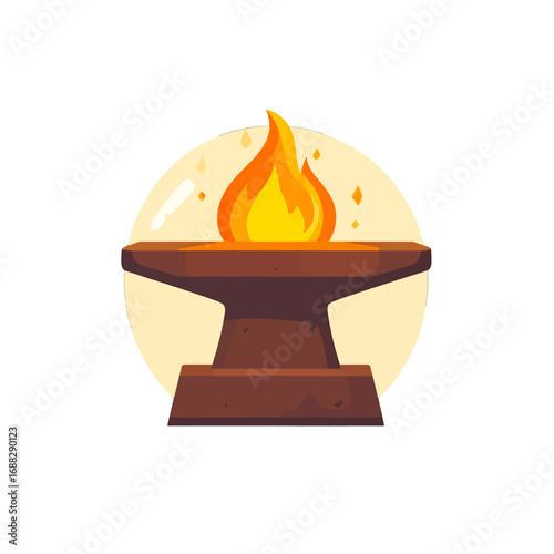 Pixelated Brown Anvil with Fiery Flames Against a Light Yellow Circle Badge Style Design