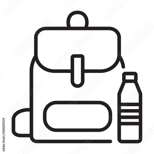 Simple line art icon of a school backpack and water bottle, representing travel, education, and outdoor hiking essentials