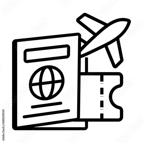 Simple line art icon representing international travel, vacation, and journeys, featuring a passport, airplane, and boarding pass