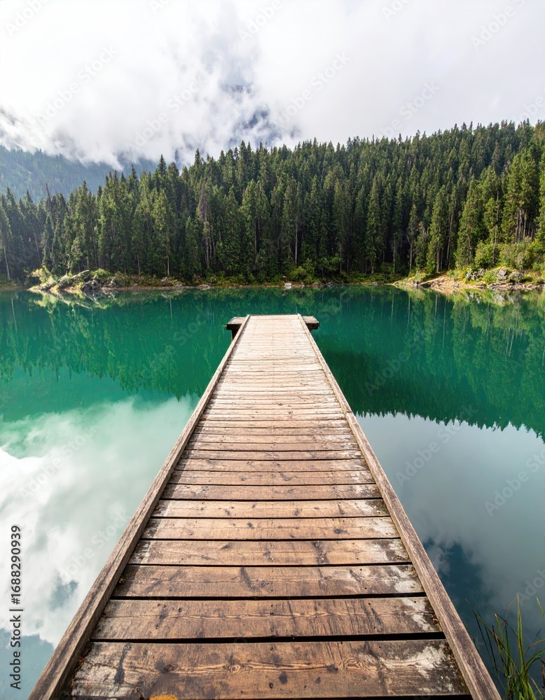 Obraz premium Wooden dock stretching into a tranquil alpine lake, surrounded by towering pine trees and misty mountains