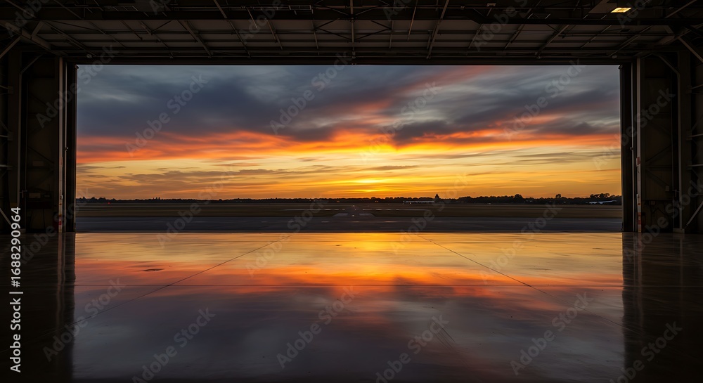 Fototapeta premium Mockup of dramatic sunset reflected on a polished hangar floor, viewed from inside the hangar for commercial usage