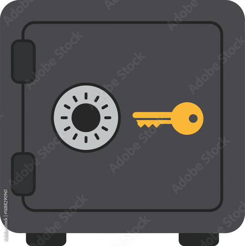 Illustration of a closed safe with a combination lock and a key beside it.