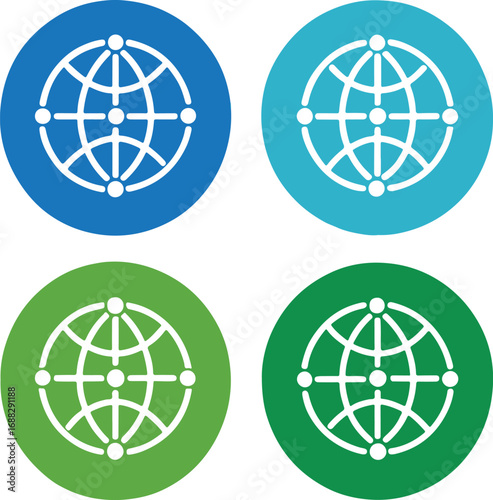 Set of Connected Globe Network Icons in Blue and Green Circles – Global Internet and Technology Symbols