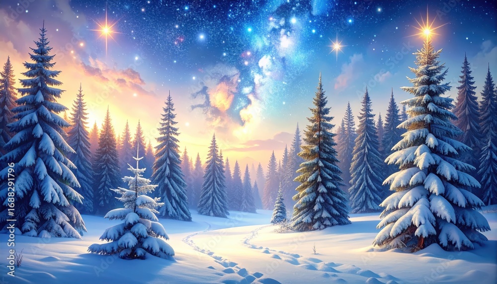 Naklejka premium A winter wonderland scene showcases a snow-covered forest at sunrise, with a beautiful celestial display above.
