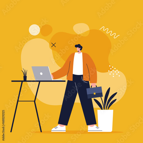 Modern professional man works remotely on laptop, reflecting productivity and flexible business lifestyle. Ideal for technology, career, and entrepreneurial themes.