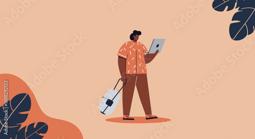 A person with a tablet and luggage walks outdoors, enjoying a moment of digital connection amidst stylized foliage and a warm, inviting background.