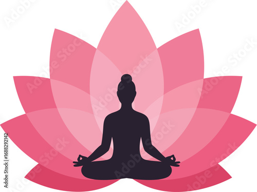 Serene woman meditating in lotus position within a stylized pink lotus flower.