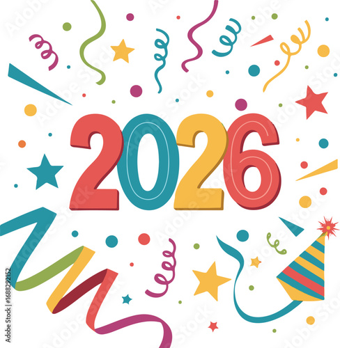 Festive 2026 New Year Illustration with Party Hat, Confetti, and Streamers on White Background