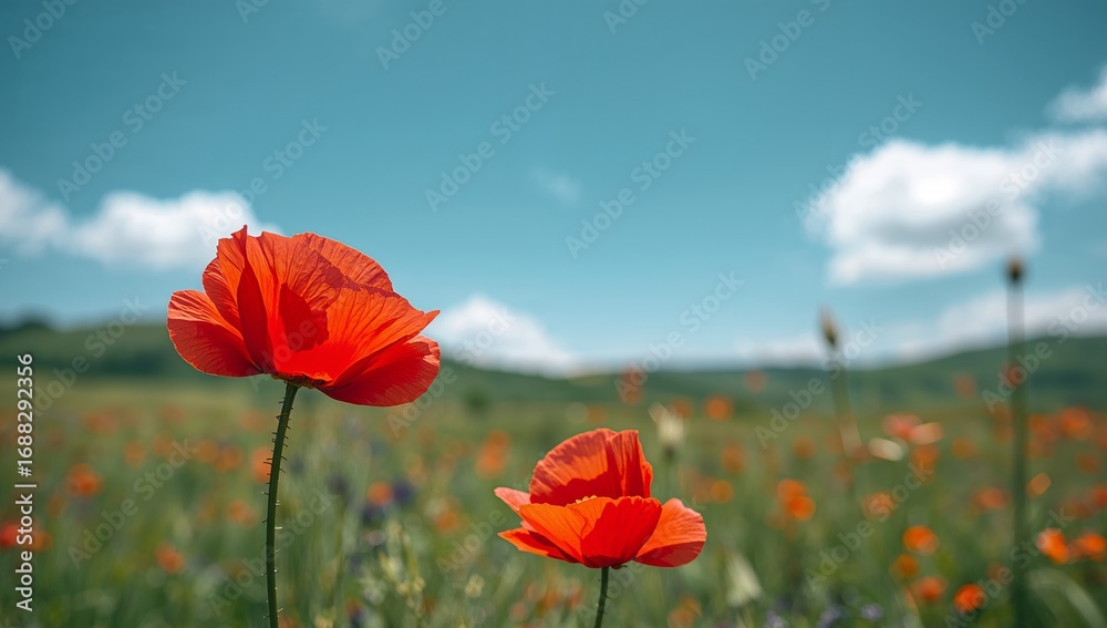 Naklejka premium Scarlet Blossoms in a Summer Meadow, A Field of Vibrant Red, Under Azure Skies.
