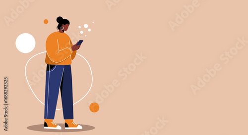 Illustrated African American woman in casual clothing stands and uses her smartphone, against a plain background with abstract shapes and dots, minimal style.