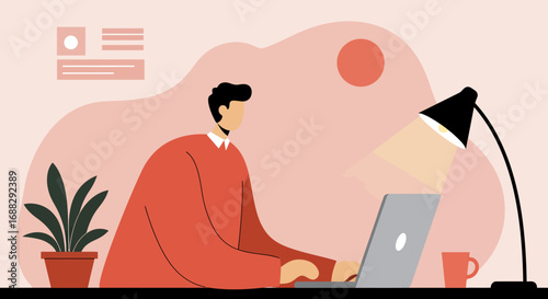 Man working diligently on a laptop at his home office desk, illuminated by a lamp. Ideal for remote work, online learning, and productivity concepts.