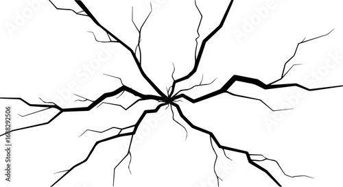 Abstract vector illustration of a black crack spreading from a central impact point on a white surface, symbolizing damage, stress, and destruction