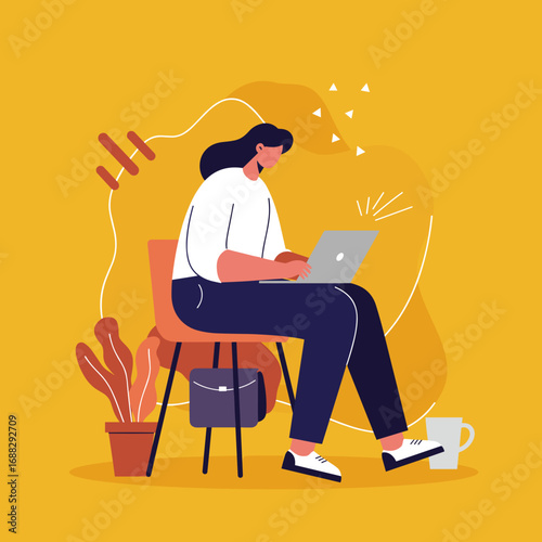 Woman focused on remote work with her laptop in a comfortable, modern setting. Ideal for themes of productivity, online business, and digital lifestyle.
