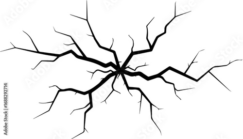 Monochrome vector illustration of a radiating crack, representing a fracture in a surface like glass, ice, or dry ground, symbolizing damage and destruction
