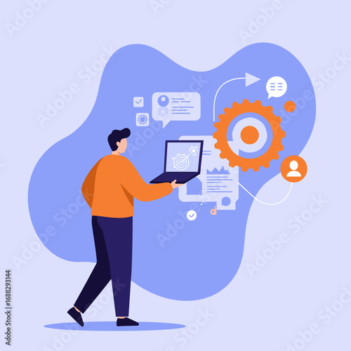 A man uses a laptop to manage complex business processes, analyze data, and facilitate communication, highlighting modern technology and strategic planning.