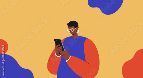 Person using a smartphone, engaged in digital communication, social media, or mobile applications on a vibrant, abstract background. Modern lifestyle and technology concept.