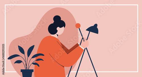 Female professional preparing for a creative project in a minimalist work environment, perfect for design and lifestyle themes.