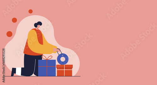 Person carefully preparing and tagging gift boxes, illustrating thoughtfulness, holiday shopping, or retail promotion concepts.
