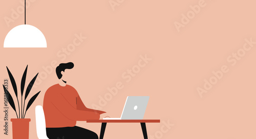 Modern illustration of a person working remotely on a laptop at home, emphasizing digital communication and flexible work arrangements. Ideal for business, technology, or lifestyle content.