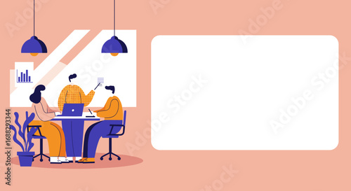 Team of three diverse professionals collaborating in a modern office meeting, discussing ideas and planning strategy. Ideal for business, teamwork, and innovation concepts.